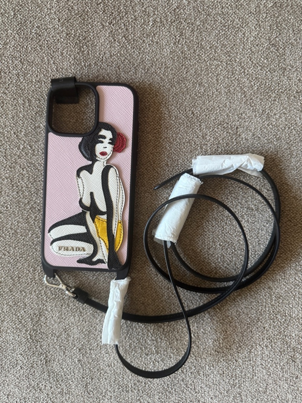 Prada Pink Saffiano Leather Crossbody iPhone 16 ProMax Case with Graphic Motif